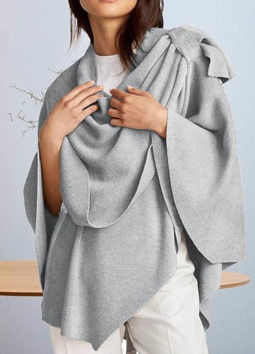 PULI Womens Large Cross Front Poncho Sweater Wrap Topper Knitted Elegant Shawls Cape for Fall Winter - color: 1-grey