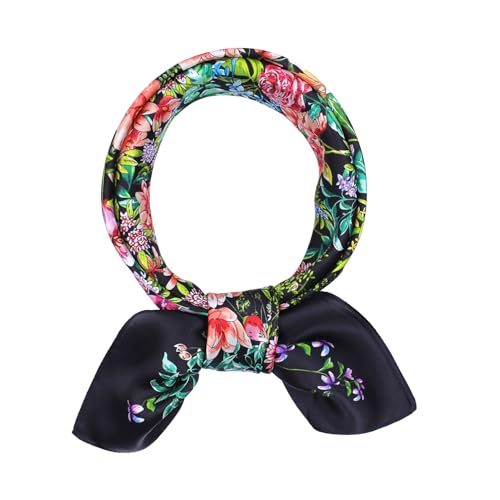 ANDANTINO 100% Mulberry Silk Square Scarf for Hair-25.6" X25.6'' Women Men Natural Silk Neckerchief Digital Printed Headscarf - color: Floral-black