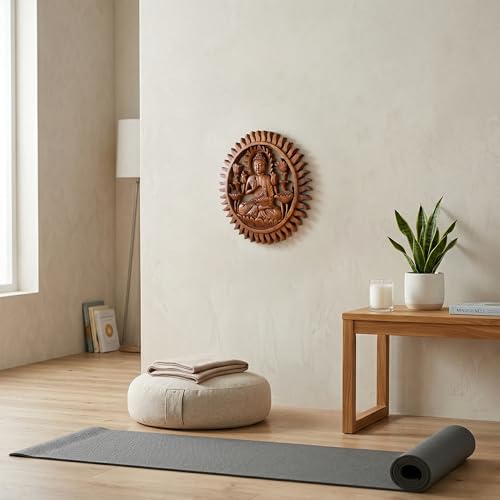 G6 Collection 12" Wooden Hand Carved Wall Hanging Serene Buddha Meditation Sculpture Statue Handmade Figurine Relief Gift Home Decor Handcrafted Decoration Round Buddha Plaque