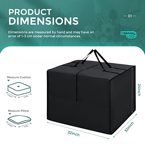 Outdoor Cushion Storage Bag, 420D Waterproof Square Patio Cushion Storage Bag 32 x 32 x 24 Inch with Zipper and Handles, All Weather Protective Cover for Outdoor Furniture Pillows, Black