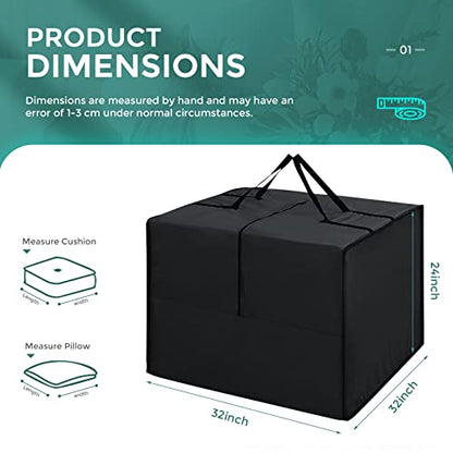 Outdoor Cushion Storage Bag, 420D Waterproof Square Patio Cushion Storage Bag 32 x 32 x 24 Inch with Zipper and Handles, All Weather Protective Cover for Outdoor Furniture Pillows, Black