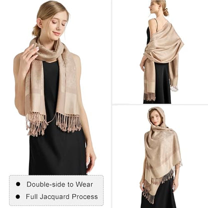 Silky Paisley Pashmina Shawl Scarf-Women's Soft Double-side Jacquard Pashminas Wrap for Evening Dress Travel Shawl - color: A-beige Taupe