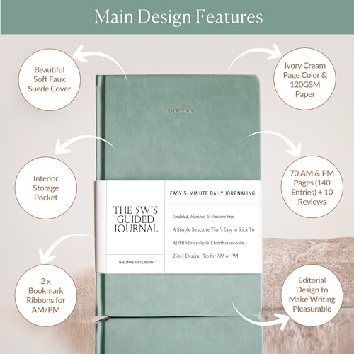 5 Minute Daily Guided Journal for Women | Low Pressure Self-Care and Wellness Journal with Prompts – 2 Sided AM & PM Entries and Brain Dump | Anxiety Relief Item & ADHD Friendly Gift - The 5W's Guided Journal - color: Duck Egg Blue