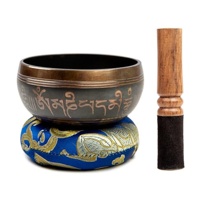 Tibetan Singing Bowl Set Brass - Master Healing Grade - Authentic Handcrafted Sound Bowl by Himalayan Bazaar - color: Dark Brown