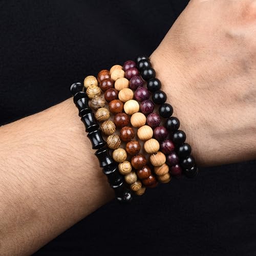 Wooden Beaded Bracelet Multi-Layered Stretch Bracelet for Men and Women Elastic Bracelet 6pcs - color: A-03