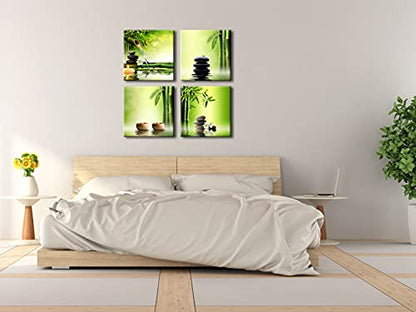 Pyradecor Modern 4 Panel Stretched Contemporary Zen Canvas Prints Perfect Bamboo Green Pictures on Canvas Wall Art for Home Office Decorations Living Room Bedroom - size: 30x30cmx4pcs (12x12inchx4pcs)
