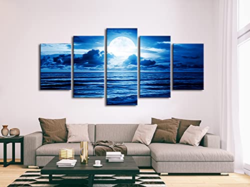 Pyradecor Extra Large Blue Clouds 5 Panels Moon Sea Beach Canvas Wall Art Modern Landscape Canvas Prints Pictures Artwork for Living Room Bedroom Home Decorations - size: 16x24inchx2pcs,16x32inchx2pcs,16x40inchx1pc