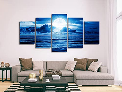 Pyradecor Extra Large Blue Clouds 5 Panels Moon Sea Beach Canvas Wall Art Modern Landscape Canvas Prints Pictures Artwork for Living Room Bedroom Home Decorations - size: 16x24inchx2pcs,16x32inchx2pcs,16x40inchx1pc
