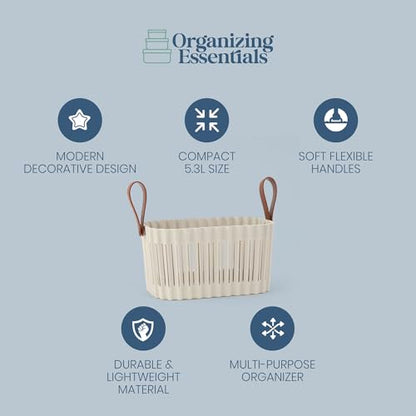 Medium Plastic Storage Basket with Soft Handles – Tan & Brown Decorative Bin for Bathroom, Dorm, or Desk – Rectangular Organizer Basket, 5.3L