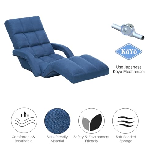 Adjustable Floor Gaming Chair for Adults with Armrests & Adjustable Footrest, 14-Position Folding Chaise Lounge Sofa for Living Room, Bedroom, Balcony (Blue) - color: Blue