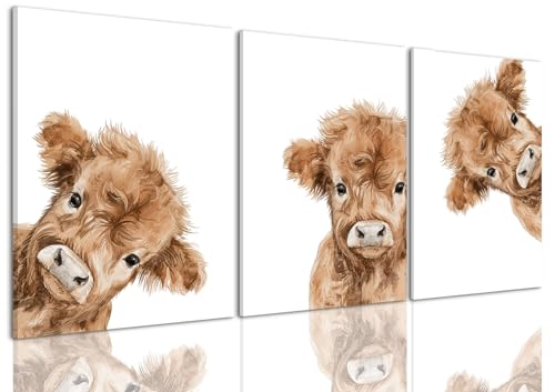 AOYUSMO 3 Piece Cute Highland Cow Canvas Wall Art Nursery Funny Animal Framed Wall Art Baby Cow Pictures Wall Decor Kids Animals Art Prints for Children's Room Bedroom 16"x24" - color: Highland bull, size: 16x24in
