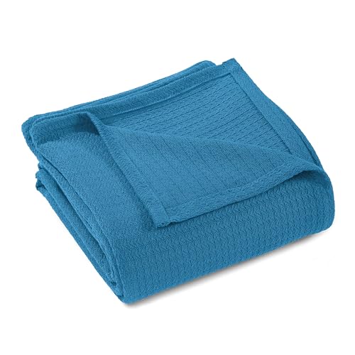 Superior Waffle Weave Cotton Blanket, for Picnic, Beach, Traveling or Camping, Comfy Blanket, Bedroom Decor, Essentials, Cover for Bed, Couch, Lounging, Honeycomb Knit, Throw, Azure