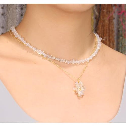 2Pcs Crystal Necklace for Women Handmade Choker Necklaces Pendant Necklace Natural Stone Gemstone Beaded Necklace 18k Gold Plated Adjustable Dainty Necklace for Women - color: Opal