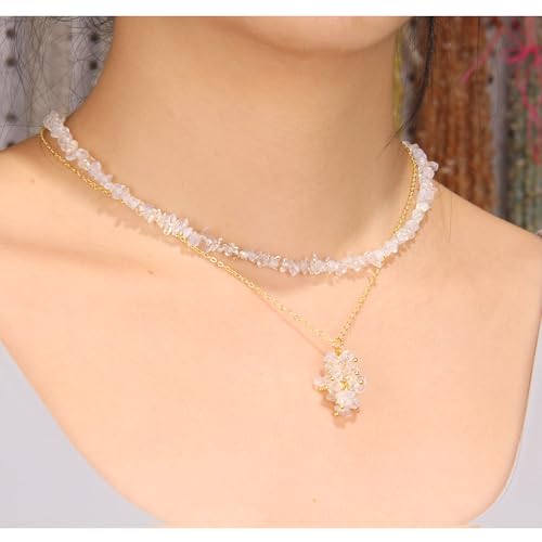 2Pcs Crystal Necklace for Women Handmade Choker Necklaces Pendant Necklace Natural Stone Gemstone Beaded Necklace 18k Gold Plated Adjustable Dainty Necklace for Women - color: Opal