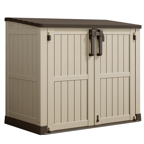 LHBcraft Waterproof Outdoor Storage Shed 36 Cu Ft with Lockable Doors, Portable Horizontal Resin Storage Cabinet, Outdoor Storage Box for Backyards, Brown-Beige - color: Brown-Beige, size: 29.1"×51.1"×43.3"