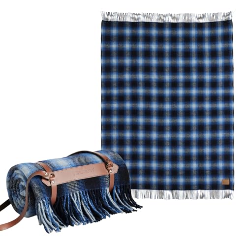 Pendleton Motor Robe Wool, Camping Blanket with Leather Carrier, Western Plaid for Outdoor Adventures and Cozy Home Comfort - Midnight Ombre - color: Midnight Ombre, size: 52" x 66"