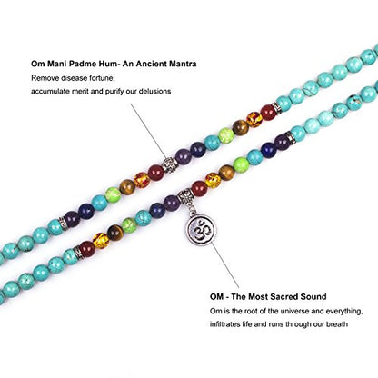 108 Mala Beads Necklace 7 Chakra Tree of Life Pendant Prayer Buddha Bracelets Healing Stone Yoga Men Women Jewelry - color: Turquoise-OM-Buddha-8MM