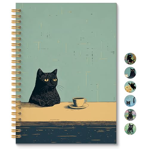 Vintage Coffee Black Cat Spiral Notebook, Black Cat Gifts Journal, Cats Lovers Mom Lady Gifts Journal Notebook, 5.5x8.3 Inch - color: Style01