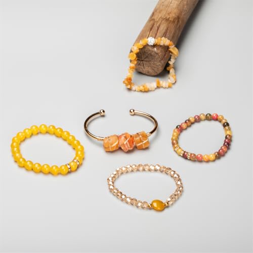 5PCS Natural Boho Beaded Bracelets Bangle for Women Men,Healing Turquoise Jasper Agate Crystal Gemstone Stone Chakra Multilayer Wrap Bohemian Handmade Jewelry Beads Stretch Bracelet Set - color: Yellow