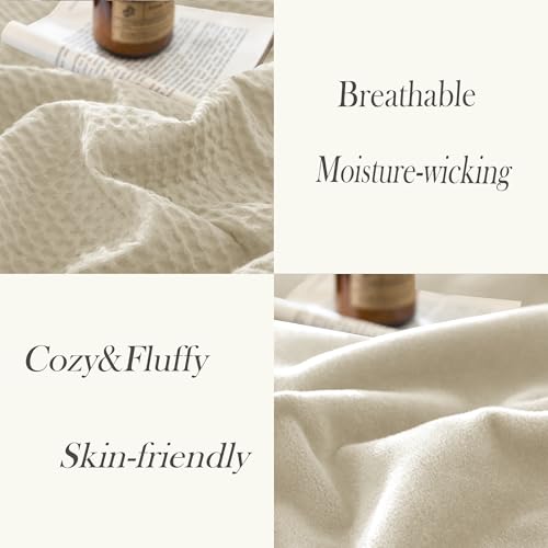 CHUFFED Cotton Waffle Blanket King Size - Plush Milk Velvet & Reversible Waffle Weave,Anti-Static 500Gsm Design，Thick Cozy Soft Winter Blanket for Bed, Couch, Sofa - Beige, 104x90 Inches - color: Beige, size: King