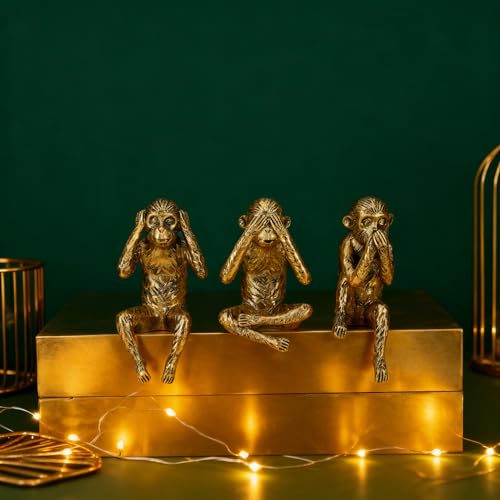 DOVDOV Three Wise Monkeys Statue Set: Hear No Evil, See No Evil, Speak No Evil Monkey Sculpture Gold Home Decor for Bookshelves, Offices, Living Room Coffee Tables, and Partition Decor Small Figurine