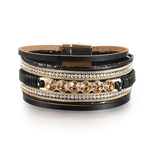Edoneery Leather Wrap Bracelet for Women, Boho Handmade Multi-Layer Cuff with Crystal Beads Heart, Stackable Bangle Western Jewelry Gift - style: 6 Rhinestone(Black)