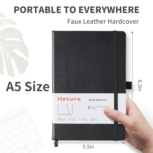 Heture Hardcover Notebooks, A5 Blank Notebook for Writing 160 Pages, 8.2 x 5.5 inch, Classic Blank Notebooks for College/Work/Travel (Blanked-1 Pack, Black) - color: Black, style: Blanked-1 Pack