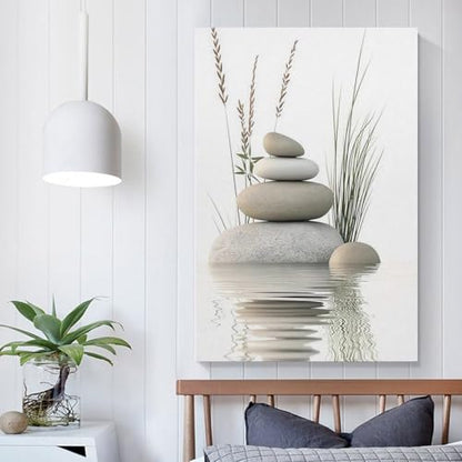 Zen Stone Canvas Wall Art Stacked Stones in Water Poster Tranquil Wild Grass Painting Picture for Spa Yoga Meditation Room Bathroom Wall Decor Unframe-style 16x24inch(40x60cm)