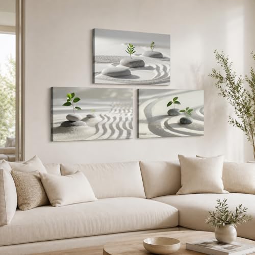 Zen Wall Art, Stone and Green Leaf Pictures Zen Wall Decor Canvas Print, Yoga Spa Meditation Painting 3 Framed Calming Home Decorations Artwork for Spiritual Room Office Living Room Bedroom Bathroom - color: 3Zen Art04, size: 36"L x 24"W (3pcs)