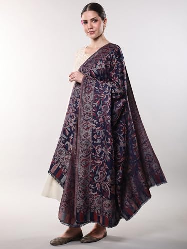 Exotic India Women Reversible Jamawar Wool Shawl with Woven Flowers | Ethnic Beautiful Floral Weave Stole, Dupatta - color: Parisian Night