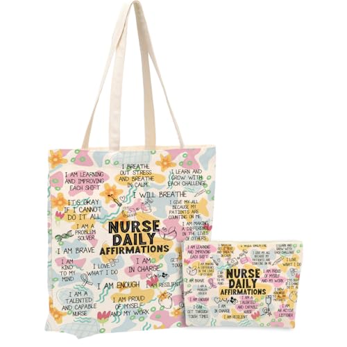 Daily Affirmations for Women, 2PCS Cosmetic Bag Canvas Tote Bag Beach Bags with Pocket Makeup Bags,Nurse Gifts for Nurses Women Nursing Student Female RN Nurse Coworker Birthday Friendship Nurse Day - color: Nurse Affirmations 0943