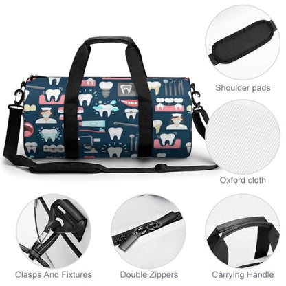 Teeth Dental Seamless Pattern Cylindrical Portable Fitness Bag, Large Capacity Handbag - color: Teeth Dental Seamless Pattern