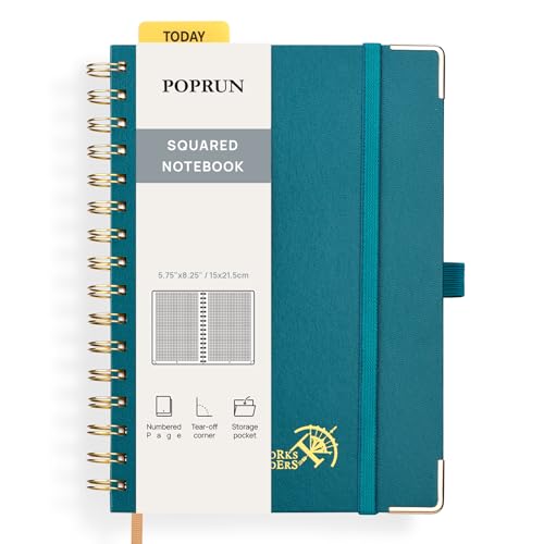 POPRUN Graph Spiral Journal Notebook - A5, 141 Pages Grid Notebooks for Women Men, 120 GSM Hardcover Graphing Journals for Work, School, Engineering & Graphing, 5.75'' x 8.25'', Pacific Green - color: Pacific Green, style: Grid