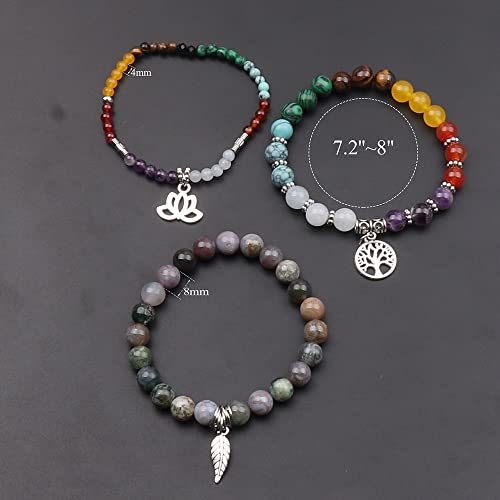 Tree of Life Yoga Healing Stone Bracelets,Multilayer Lotus Chakra Stone Reiki Bracelet Sets,Anxiety Crystal Natural Stone,for Women Stress Relief - style: Chakra+Indian agate