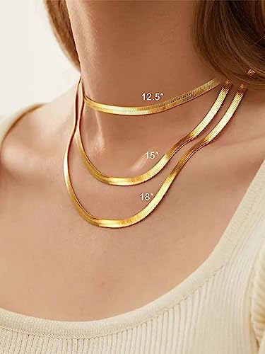 FOCALOOK 14K Gold Plated Necklaces for Women, Fashion Herringbone Choker Necklace Stainless Steel Flat Snake Chain 3/5MM(W) 12.5"/15"/18"+3.5"(L) - color: 5MM-14K Gold-18"
