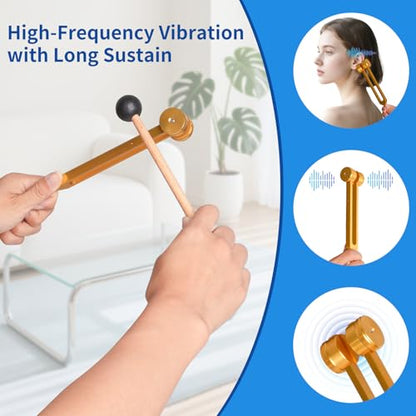 Energy Sound Relaxation Tuning Forks Kit-128Hz, Sound Therapy Tools, Non-Magnetic Aluminum Alloy, for Hearing Tests, Special Tuning Hammer for Ear Cleaning，Meditation Tool with Travel Case（Gloden） - color: Gloden