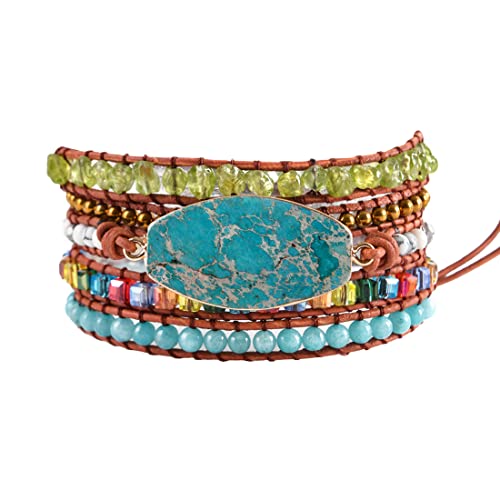 YGLINE Boho Handmade Natural Stone Wrap Bracelets Jasper Crystal Beads Bracelet Jewelry - color: green jasper 2