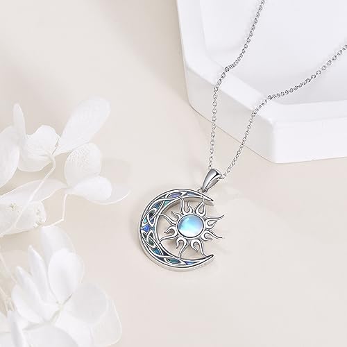 Sun and Moon Necklace for Women 925 Sterling Silver Celtic Crescent Moon Pendant Blue Opal/White Opal/Abelone Shell/Labradorite/Moonstone Jewelry Gift for Teen Girls - color: abalone shell moon
