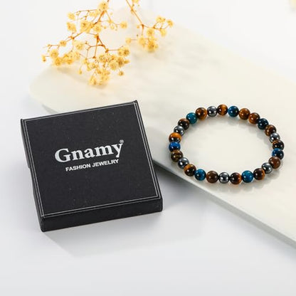 Gnamy Crystal Bracelet Gifts for Men Him- Triple Protection Hematite Black Obsidian Tiger Eye Gemstone Beaded Bracelets Birthday Healing Jewelry Gifts - style: Style 3