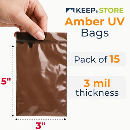 3"x 5" UV Protective Amber Zip Bags, Pack of 15 - Resealable Light-Blocking Plastic Bags for Packaging Light-Sensitive Products, Heavy Duty 3 mil Thick, Moisture Resistant Storage - size: 3"W x 5"L, style: Pack of 15