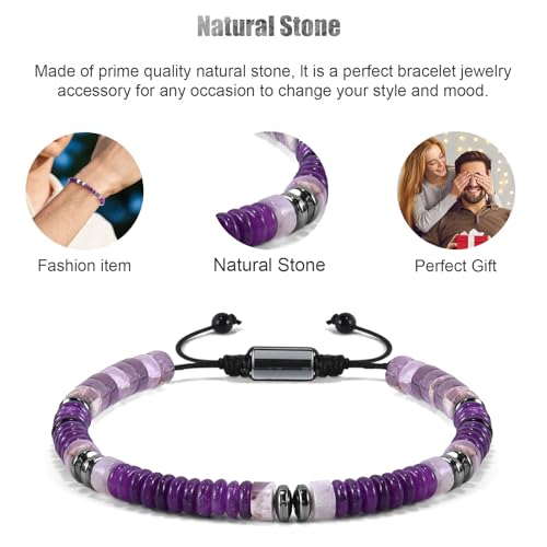 VIBILIA Healing Crystal Bracelets Beaded Bracelets for Men Women Natural Stone Adjustable Bracelets Unique Gifts for Father Son Grandfather Brother Friend - color: Amethyst
