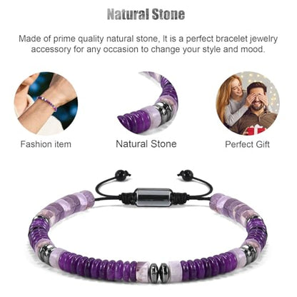 VIBILIA Healing Crystal Bracelets Beaded Bracelets for Men Women Natural Stone Adjustable Bracelets Unique Gifts for Father Son Grandfather Brother Friend - color: Amethyst