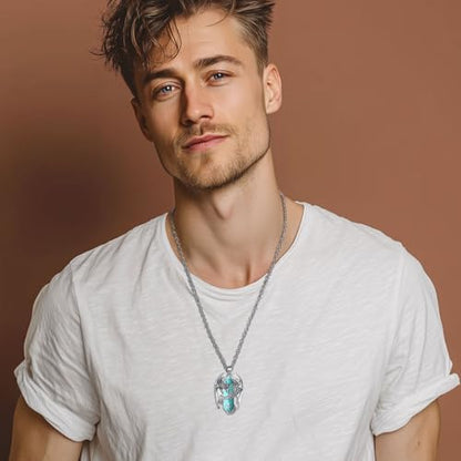 INFUSEU Unique Dragon Necklaces with Healing Crystal Stone for Men Women, Personalized Spiritual Gifts, 24 Inch Chain - color: Turquoise
