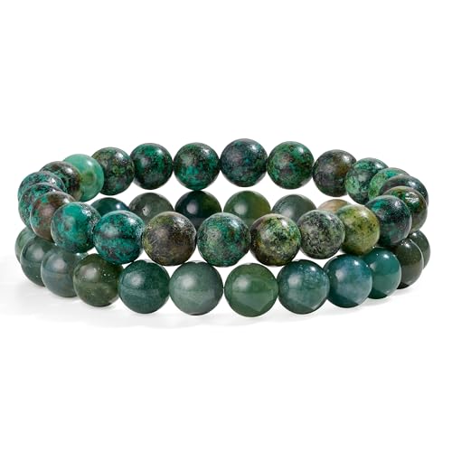 Bivei Natural Gemstone Semi Precious Healing Crystals Handmade Stretchy Round Beads Bracelet,Stocking Stuffers for Women Enhance Positive Energy - color: 8mm Moss Agate & African Turquoise (Peace & Prosperity), size: Small: 6.5-6.7 inch