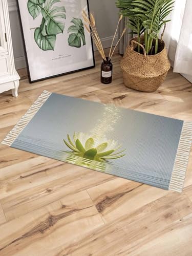 Zen Meditation Lotus Floral Washable Entryway Runner Rugs, Backed Front Door Rug, Green Floral Modern Art 2x3 Feet Woven Area Rug with Tassels, Throw Carpet Rug for Kitchen Bathroom - size: 2x3FT