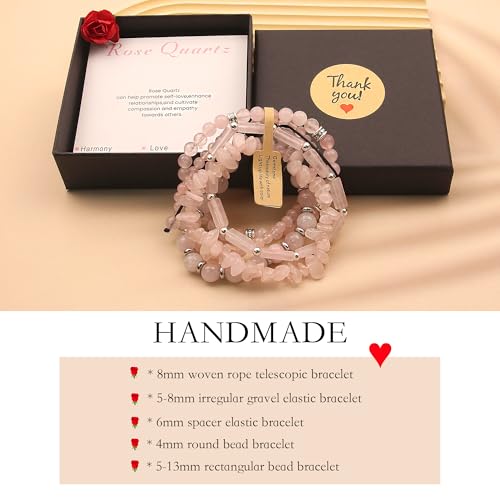 5Pcs Healing Crystal Bracelet for Women Men, Handmade Adjustable Gemstone Bracelets Beaded Reiki Energ Bracelet Set Jewelry Gifts for Women Men - color: Rose Quartz