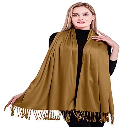 CJ Apparel Solid Color Tassels Design Nepalese Shawl Scarf Wrap Stole Throw Head Wrap Pashmina Gift Hand Made in Nepal New - color: Camel Brown