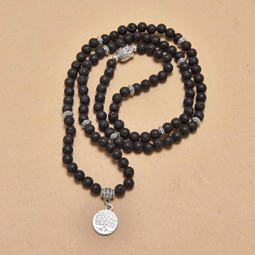Tree of Life Charm Bracelet or Necklace - 108 Buddha Beads, Handmade Mala Meditation Jewelry, Prayer Beads for Yoga - style: Lava