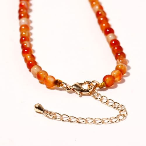 Simple Choker Necklace for Women Real Stone and Crystals Necklaces 4mm Beaded Choker Jewelry Meditation Gift for Women (16"+2") - style: Orange Agate