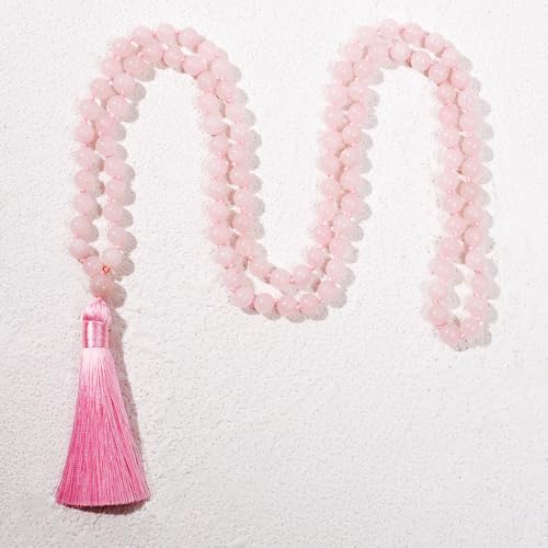 8mm Natural Stone 108 Mala Beads Necklace for Men and Women - color: Rose Quartz